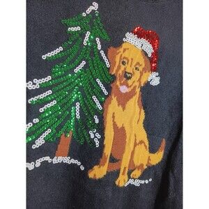 Quacker Factory Holiday Pets Black Sweater Golden Retriever Dog Large Crew Neck